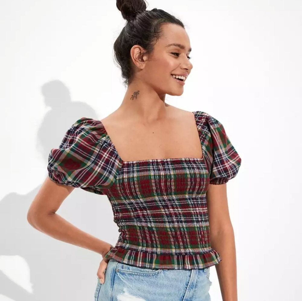 American Eagle Smocked Puff-Sleeve Blouse